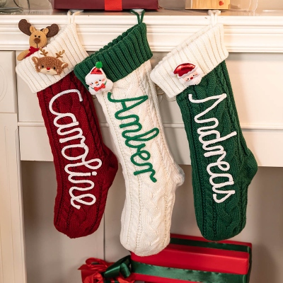 Custom Name Embroidered Christmas Knitted Stocking with Elk/Snowman/Santa Doll, Holiday Family Party Favor, Home Decor, Christmas Gift for Kids/Family