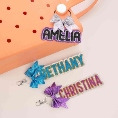 Personalized Glitter Bow Keychain with Name, Backpack Name Tag, Bag Charm, Travel Accessories, Birthday/Anniversary Gift for Cheerleaders/Teammates