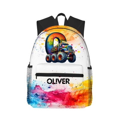 Personalized Name & Initial Colorful Monster Truck Backpack, Oxford Cloth Kids' Bag with Mesh Side Pockets, Back to School/Birthday Gift for Kids/Boys