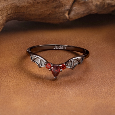 Personalized Gothic Bat Wings Ring with Birthstone, Vampire Vintage Rings, Cool Punk Jewelry, Goth Accessories, Wedding/Anniversary Gift for Women