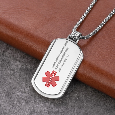 Custom Engraved Medical Alert ID Dog Tag Necklace, Stainless Steel Medical Jewelry, Allergy Diabetes Emergency Pendant, Gift for Dad/Men/Patients