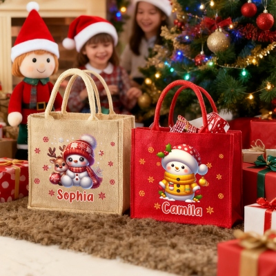Personalized Cartoon Christmas Snowman Design Tote Bag with Name, Large Capacity Jute Bag, Holiday Party Favor, Christmas Gift for Kids/Family/Friends