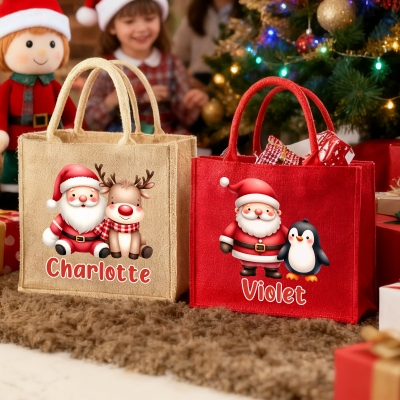 Personalized Cartoon Santa Claus Design Tote Bag with Name, Large Capacity Jute Bag, Holiday Party Favor, Christmas Gift for Kids/Family/Friends