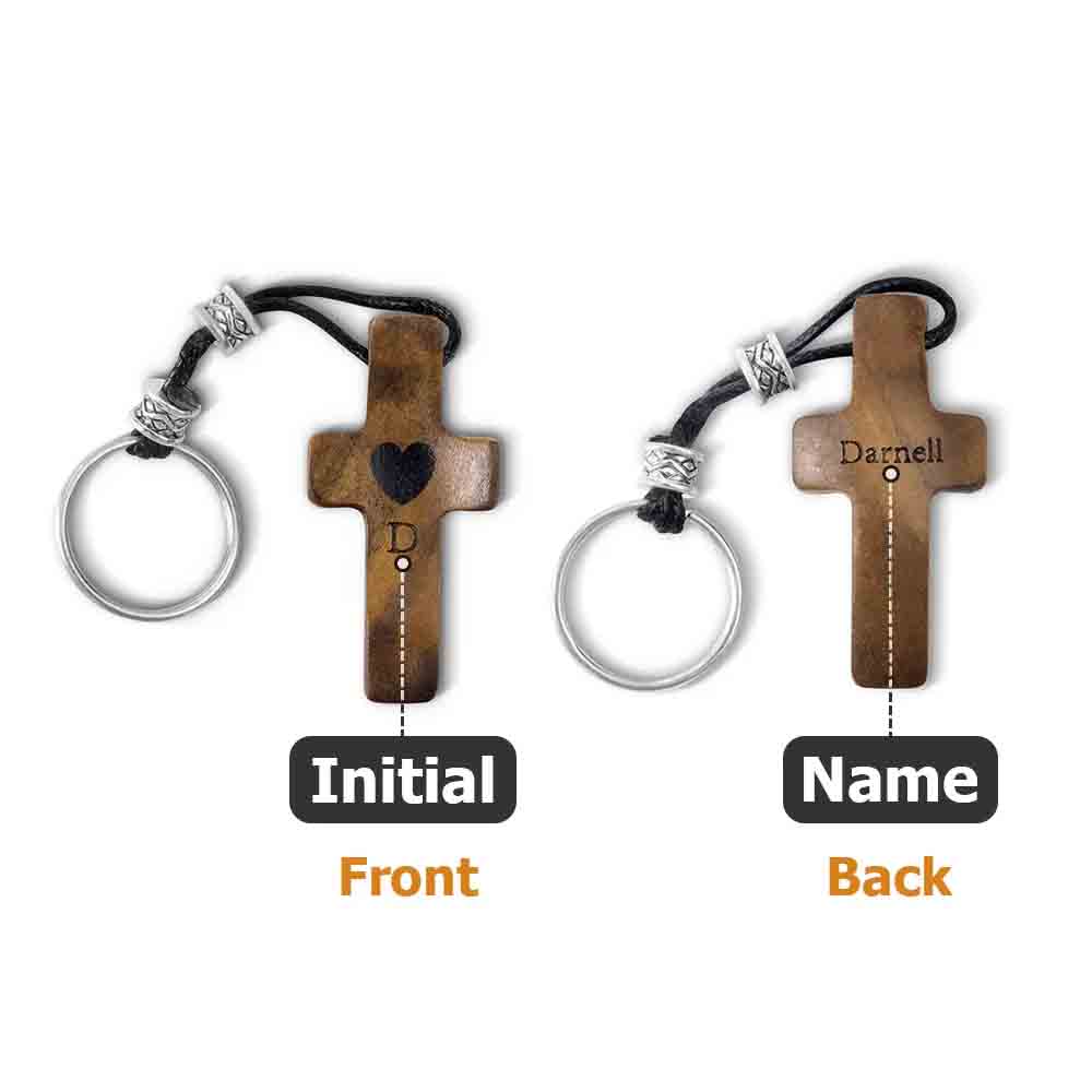 Personalized Name & Initial Wooden Cross Keychain, Custom Engraved