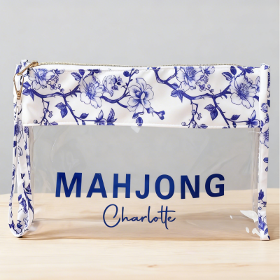 Personalized Blue and White Porcelain Mahjong Storage Bag, Customized Name, Large Capacity Waterproof Transparent Storage Bag, A Gift for Mahjong Lovers