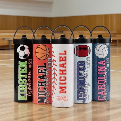 Custom Name & Number Ball Sports Glitter Water Bottle, Stainless Steel 20oz Insulated Tumbler with Straw & Handle, Gift for Sports Lovers/Players