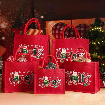 Personalized Name Christmas Tree Santa Claus Elk Burlap Tote Bag, Large Capacity Red Jute Bag, Holiday Party Favor, Christmas Gift for Kids/Family