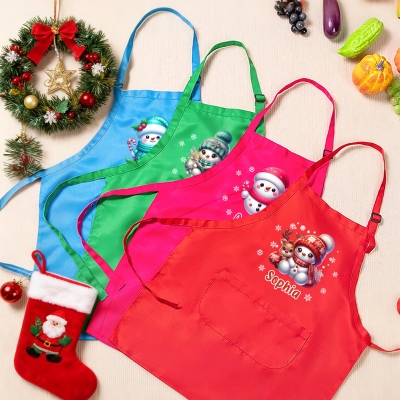 Custom Name Cartoon Snowman Children's Apron Set, Kids' Chef Hat & Adjustable Apron with Pocket, Kitchen Supplies, Christmas Gift for Kids/Boys/Girls