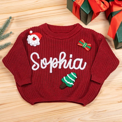 Personalized Name Embroidered Christmas Baby Sweater with Doll, Multicolor Baby Knitted Jumper, Holiday Costume, Christmas Gift for Newborns/Toddlers