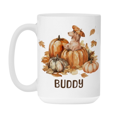 Custom Fall Pumpkins Dog Mug, Personalized Name Coffee Cup with Coaster, Thanksgiving Birthday Gift for Dog Owner Lover