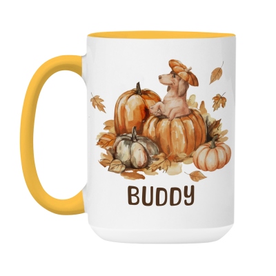 Custom Fall Pumpkins Dog Mug, Personalized Name Coffee Cup with Coaster, Thanksgiving Birthday Gift for Dog Owner Lover