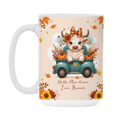 Personalised Autumn Highland Cow Pumpkins Mug, Thanksgiving Coffee Cup with Coaster and Name, Thanksgiving Gift for Highland Cow Lover