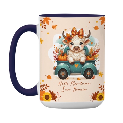 Personalised Autumn Highland Cow Pumpkins Mug, Thanksgiving Coffee Cup with Coaster and Name, Thanksgiving Gift for Highland Cow Lover