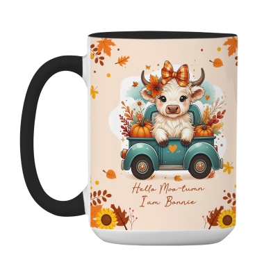 Personalised Autumn Highland Cow Pumpkins Mug, Thanksgiving Coffee Cup with Coaster and Name, Thanksgiving Gift for Highland Cow Lover