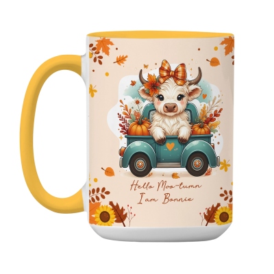 Personalised Autumn Highland Cow Pumpkins Mug, Thanksgiving Coffee Cup with Coaster and Name, Thanksgiving Gift for Highland Cow Lover