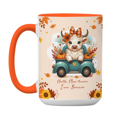 Personalised Autumn Highland Cow Pumpkins Mug, Thanksgiving Coffee Cup with Coaster and Name, Thanksgiving Gift for Highland Cow Lover