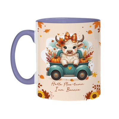 Personalised Autumn Highland Cow Pumpkins Mug, Thanksgiving Coffee Cup with Coaster and Name, Thanksgiving Gift for Highland Cow Lover