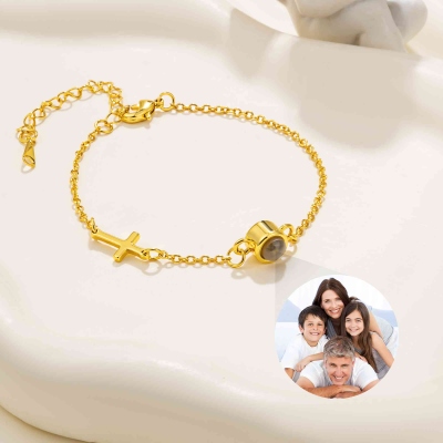 Custom Photo Projection Cross Bracelet, I Love You in 100 Languages Picture Inside Adjustable Bracelet, Baptism/Mother's Day/Christmas Gift for Women