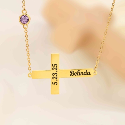Custom Engraved Cross Necklace with Sideways Birthstone, Sterling Silver 925 Christian Jewelry, Birthday/Baptism/First Communion Gift for Women/Girls