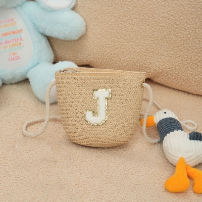Personalized Initial Chenille Patched Mini Boho Straw Bag, Little Girl Woven Handbag, Beach Bag, Birthday/Wedding/Christmas Gift for Girls/Daughters