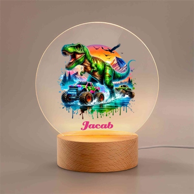 Personalized Name Monster Truck & Dinosaur LED Night Light, Acrylic Night Lamp with Wooden Base, Home Decor, Birthday/Christmas Gift for Boys/Kids