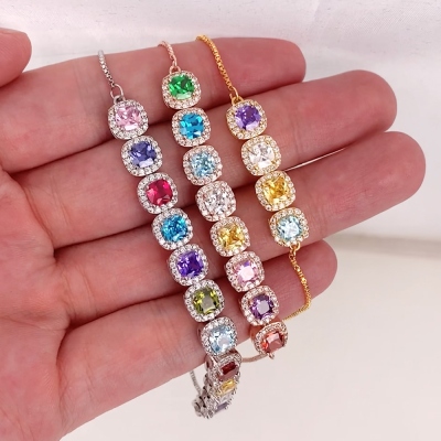 Custom Birthstone Candy Gem Cube Adjustable Bracelet, Colorful Slider Bracelet for Women and Girls, Personalized Sweet Jewelry Gift