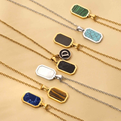18k Gold Onyx Necklace Rec, 18K Gold Compass Necklace, Waterproof Necklace for Man, Stainless Steel Necklace, Gift For Man, Gift For Him
