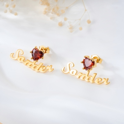 Custom Names Stud Earrings with Heart Birthstones, Sterling Silver 925 Dainty Name Studs, Birthday/Mother's Day/Anniversary Gift for Her/Mom/Bestie