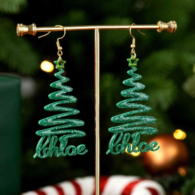 Custom Name Glitter Christmas Tree Dangle Earrings with Gold Star, Squiggly Christmas Tree Earrings, Quirky Holiday Jewelry, Christmas Gift for Women