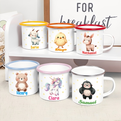Personalized Name Cartoon Animal & Stars Enamel Mug, 12oz Shatterproof Cup with Handle, Cocoa Milk Mug, Birthday/Christmas Gift for Kids/Boys/Girls