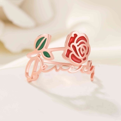 Personalized Enamel Birth Flower Ring with Name, Sterling Silver 925 Adjustable Floral Ring, Birthday/Mother's Day/Anniversary Gift for Her/Mom/Bestie