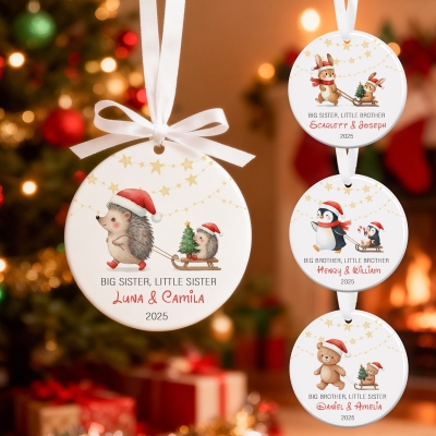 Personalized Cartoon Animal Siblings Christmas Ornament with Kids' Names, Ceramic Christmas Tree Hanging Decor, First Christmas Gift for Newborns