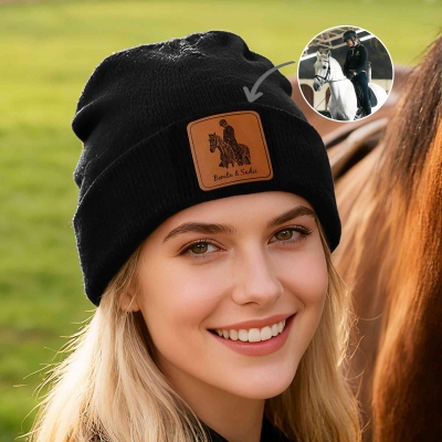 Personalized Horse Photo Leather Patch Beanie with Name, Horse Portrait Knit Beanie Hat, Birthday/Christmas Gift for Horse Lovers/Riders/Equestrians