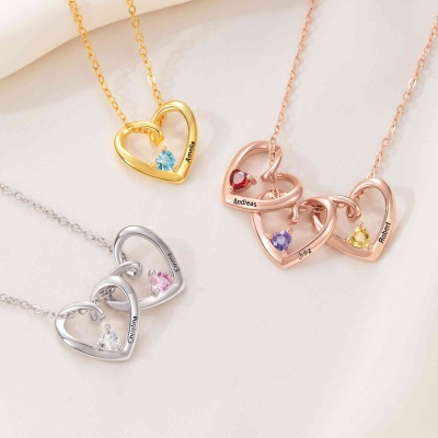 Personalized 1-6 Hearts Necklace with Names & Birthstones, Dainty Family Jewelry, Birthday/Mother's Day/Anniversary Gift for Her/Wife/Mom/Bestie