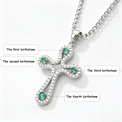 Custom 1-4 Birthstones Cross Necklace, Elegant Sterling Silver 925 Christian Faith Jewelry, Birthday/Baptism/Christmas Gift for Family/Women/Friends