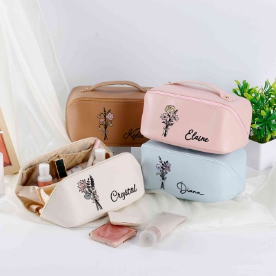Custom Name Birth Flower Travel Makeup Bag, Open Flat Leather Cosmetic Bag with Divider & Handle, Bridal Shower Favor, Birthday Gift for Her/Mom/Women