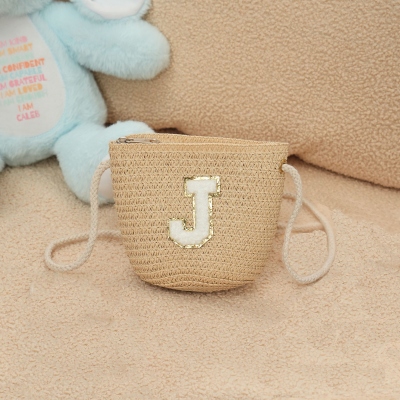 Personalized Initial Chenille Patched Mini Boho Straw Bag, Little Girl Woven Handbag, Beach Bag, Birthday/Wedding/Christmas Gift for Girls/Daughters