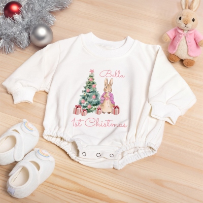 Personligt namn Peter Kanin Babys första julbody, bomull långärmad babybody med rosett och strumpor, julklapp till babyflickor
