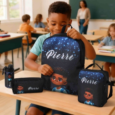 Custom Name Afro Black Boy School Bag Set, Backpack/Lunch Bag/Pencil Pouch/Water Bottle, School Supplies, Birthday/Back to School Gift for Kids/Boys