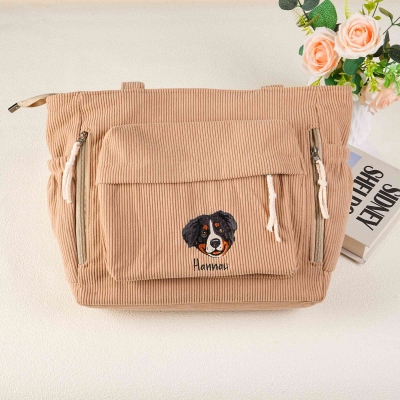 Personalized Pet Portrait & Name Embroidered Corduroy Tote Bag, Large Capacity Crossbody Shoulder Bag with Zippers & Pockets, Gift for Pet Lovers