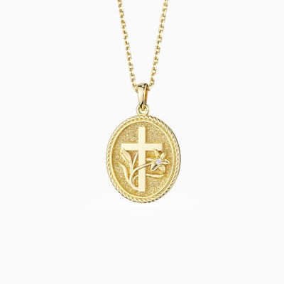 Personalized Birthstone Lily Cross Necklace, Sterling Silver 925 Medallion Pendant with Gemstone & Floral, Christian/Birthday/Christmas​ Gift for Her