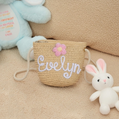 Personalized Name & Flower Yarn Mini Boho Straw Bag, Little Girl Woven Handbag, Beach Bag, Birthday/Wedding/Christmas Gift for Girls/Daughters