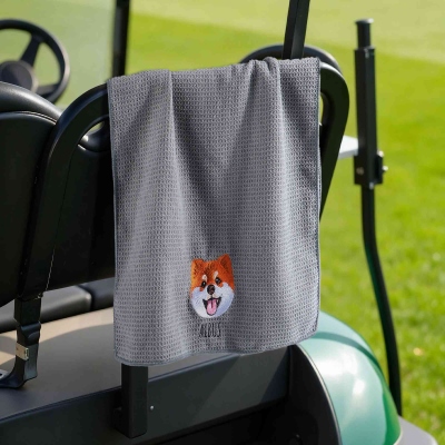 Personalized Embroidered Pet Photo Golf Towel with Name, Absorbent Waffle Weave Sports Towel with Hanging Clip, Gift for Pet-Loving Golfers/Players