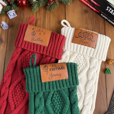 Custom Name Cable Knit DND Dice Christmas Stockings, Leather Patch Christmas Stocking with Name, Christmas Tree Decor, Holiday Decor, Christmas Gift