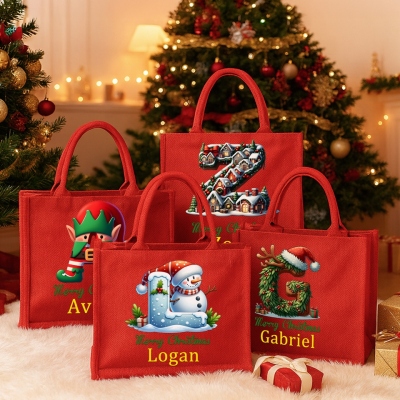 Personalized Name Christmas Elf/Tree/Snowman/House Alphabet Tote Bag, Large Capacity Red Jute Bag, Holiday Party Favor, Christmas Gift for Kids/Family
