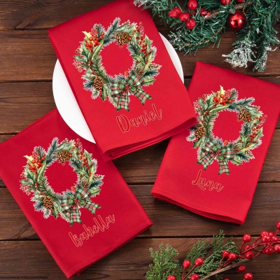 Custom Name Christmas Plaid Bow Wreath Napkin, Party Dinner Red Napkin, Dish Towel, Kitchen Accessory, Housewarming/Christmas Gift for Hostess/Family