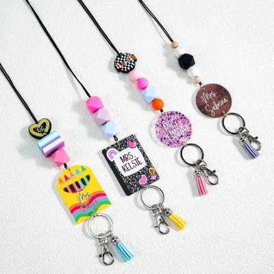 Personalized Teacher Name Lanyard, Acrylic Name Tag Lanyard with Colorful Beads and Tassel, School Supplies, Appreciation/Birthday Gift for Teachers