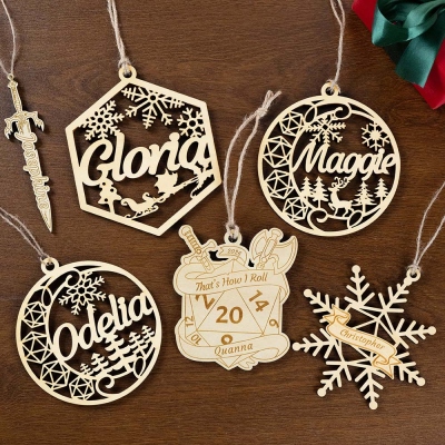 Custom Name DND D20 Dice/Dragon Sleigh/Sword Christmas Tree Ornaments, Wooden Christmas Decorations, Holiday Ornament, Christmas Gift for DND Players
