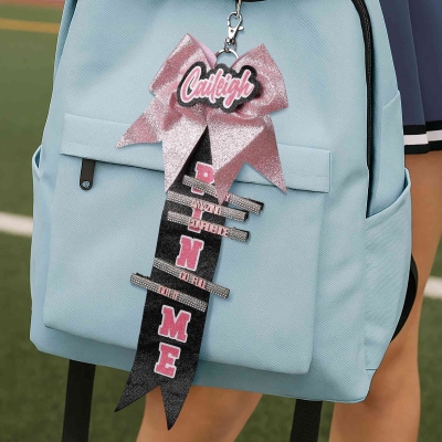Personalized Name Cheerleading Glitter Bow Pin Holder Keychain with 5 Pins, Backpack Name Tag, End of Season/Birthday Gift for Cheerleaders/Teammates