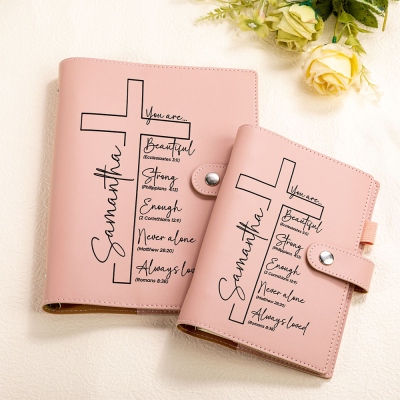 Custom Name Cross Bible Verses Loose-Leaf Binder Notebook with Buckle, A6/A5 Leather Prayer Journal with Pen Loop, Christian Gift for Family/Friends